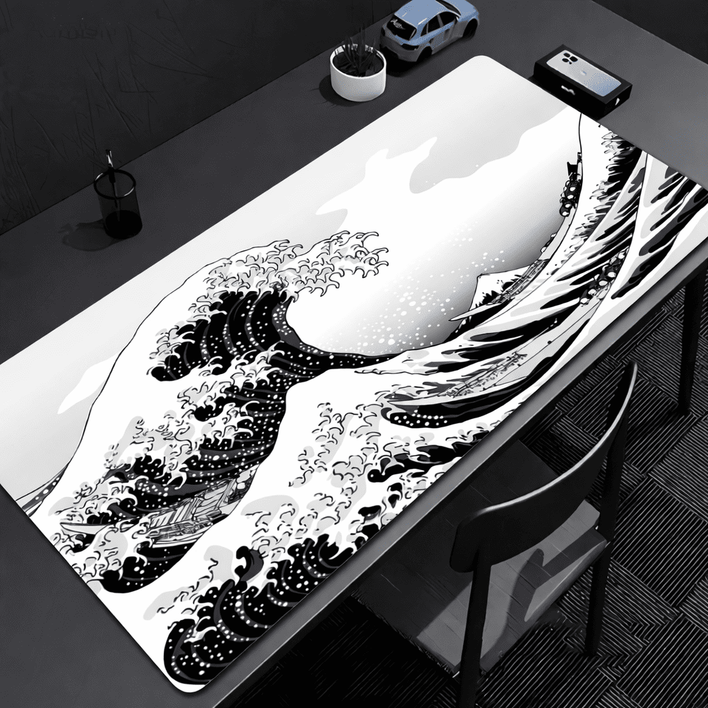tapis de souris vague noir et blanc XXL sur bureau avec ordinateur portable et souris
