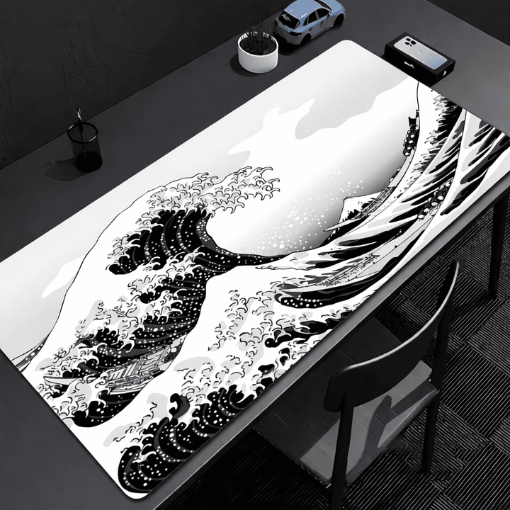 tapis de souris vague noir et blanc XXL sur bureau avec ordinateur portable et souris