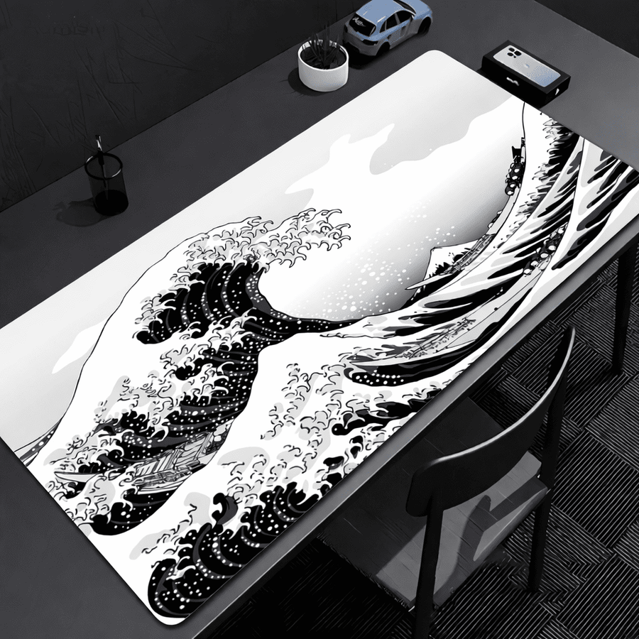 tapis de souris vague noir et blanc XXL sur bureau avec ordinateur portable et souris
