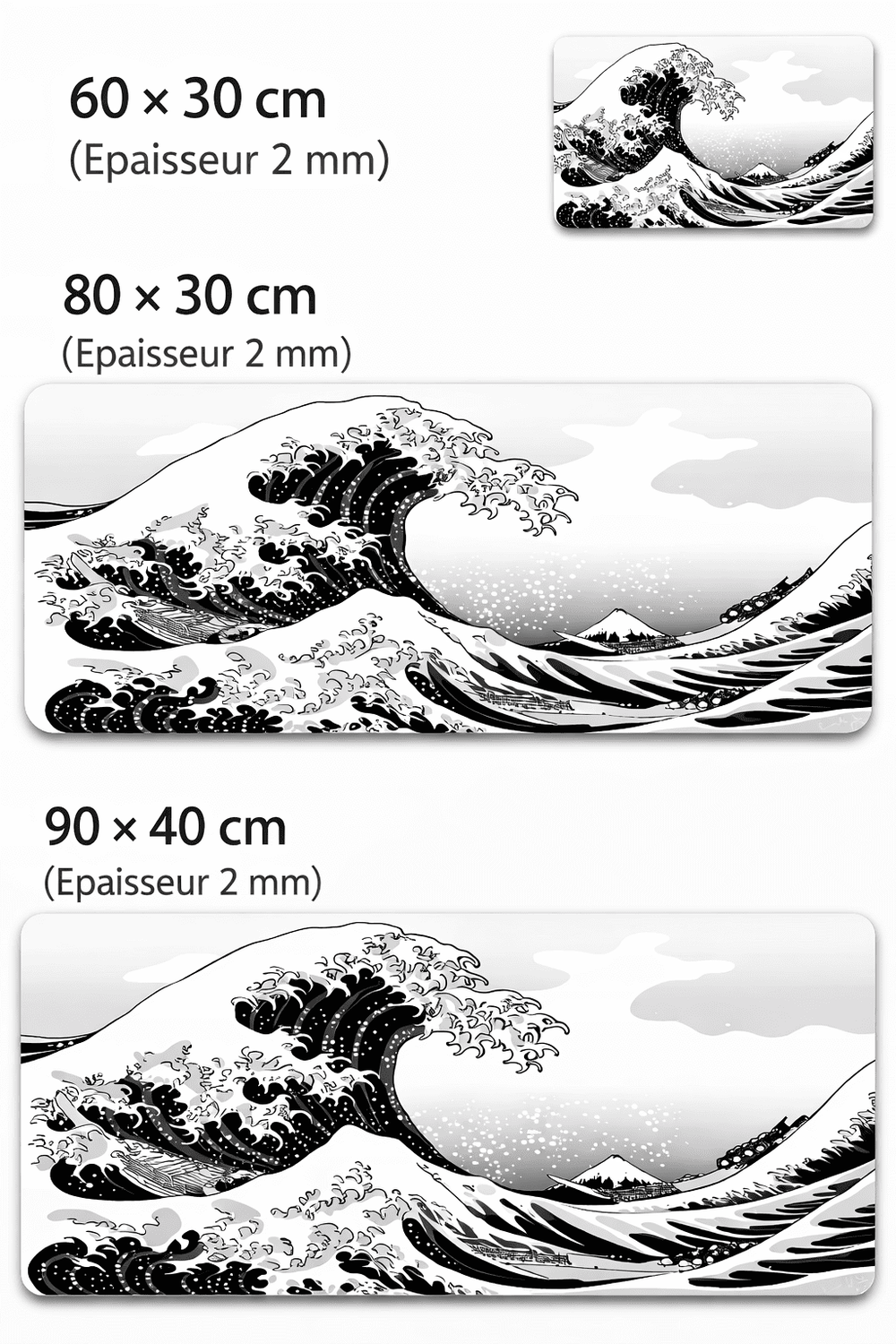 tailles du tapis de souris vague noir et blanc XXL pour bureau et ordinateur