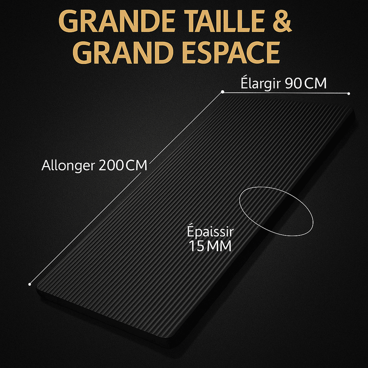 Tapis de sport noir 200 × 90 × 1,5 cm présenté en perspective, avec annotations « Allonger 200 CM », « Élargir 90 CM » et « Épaissir 15 M