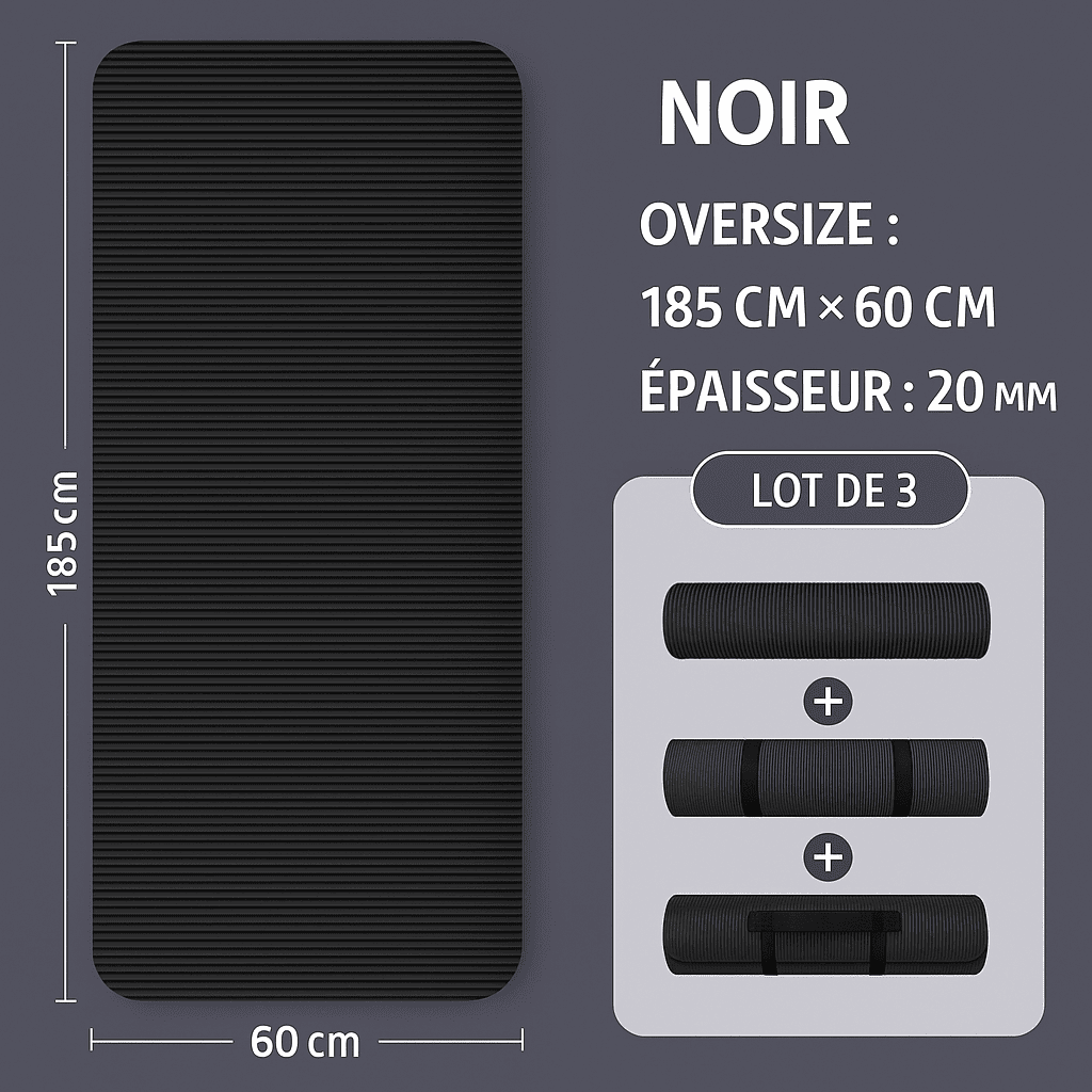 Tapis de sport noir épais de 20 mm, dimensions 185 × 60 cm, présenté déplié, roulé avec sangle et plié pour un transport aisé.
