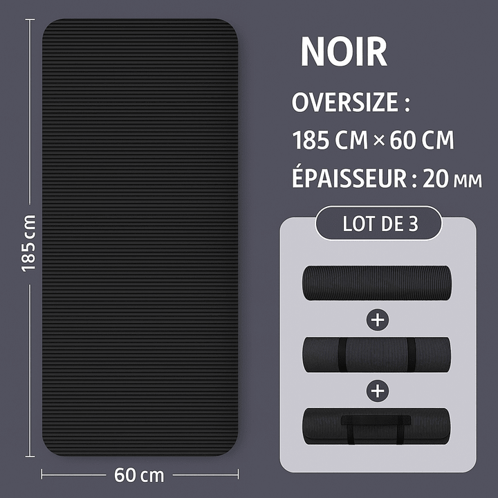 Tapis de sport noir épais de 20 mm, dimensions 185 × 60 cm, présenté déplié, roulé avec sangle et plié pour un transport aisé.