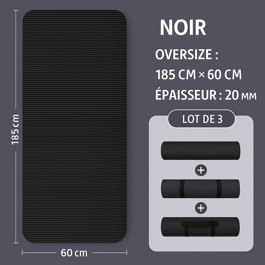 Tapis de sport noir épais de 20 mm, dimensions 185 × 60 cm, présenté déplié, roulé avec sangle et plié pour un transport aisé.