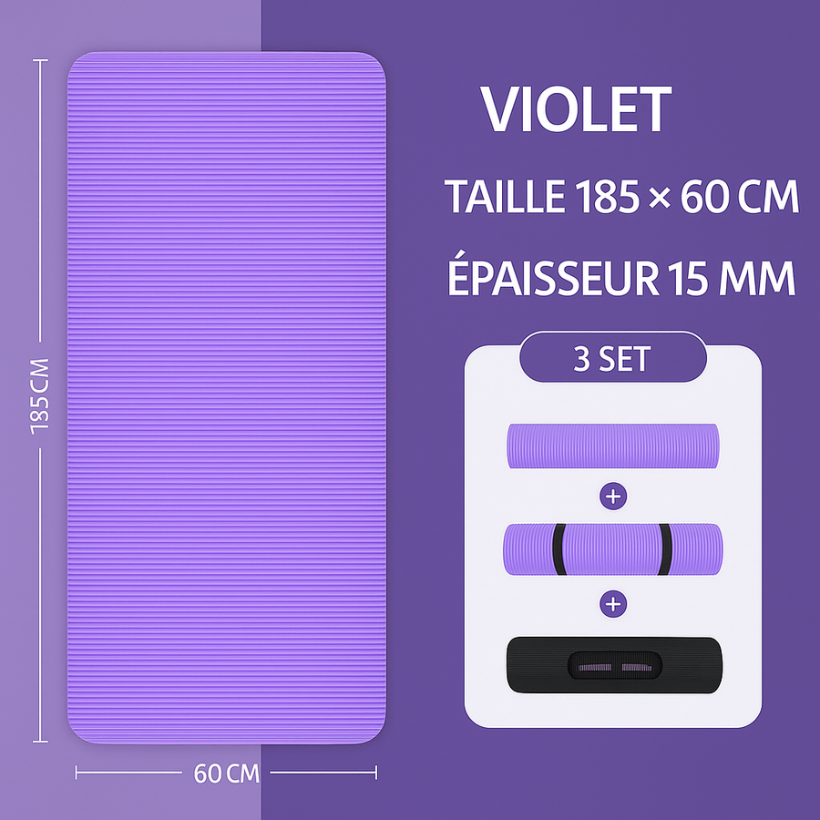 Tapis de sport violet 185 × 60 cm, épaisseur 15 mm, présenté déplié, roulé avec sangle et plié pour transport.