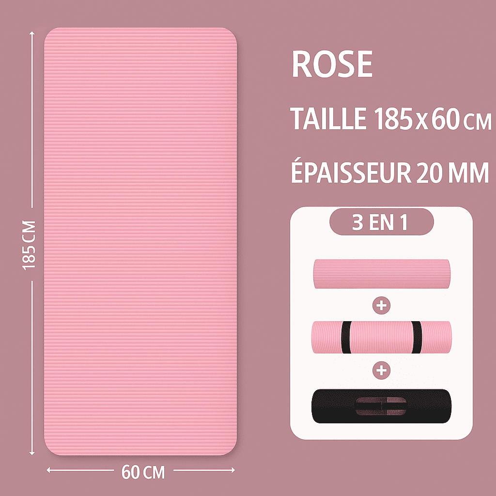Tapis de sport rose 185 × 60 cm épais de 20 mm, montré en version dépliée, roulée avec sangle et pliée pour un transport facile.