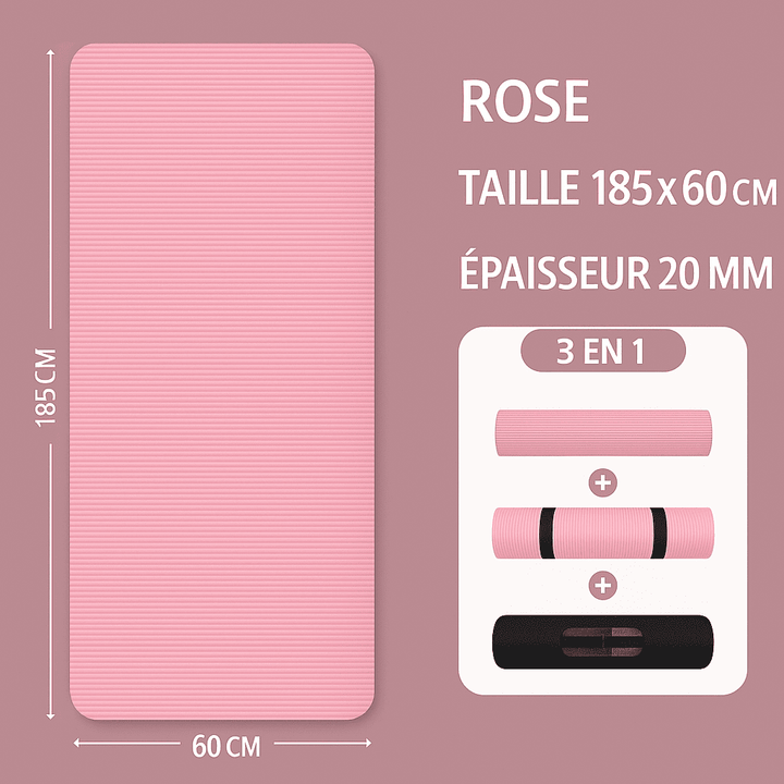Tapis de sport rose 185 × 60 cm épais de 20 mm, montré en version dépliée, roulée avec sangle et pliée pour un transport facile.