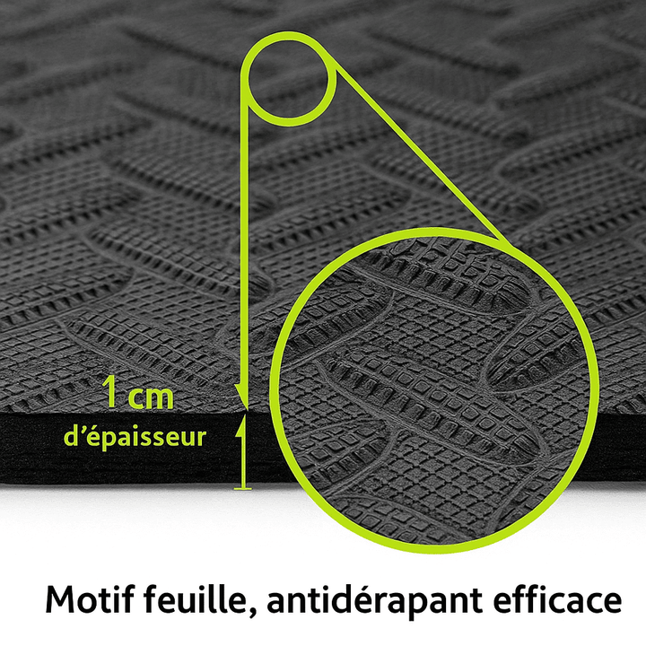 Dalle de sol fitness noire en mousse EVA, épaisse de 1 cm, à motif feuille texturé pour une adhérence optimale.