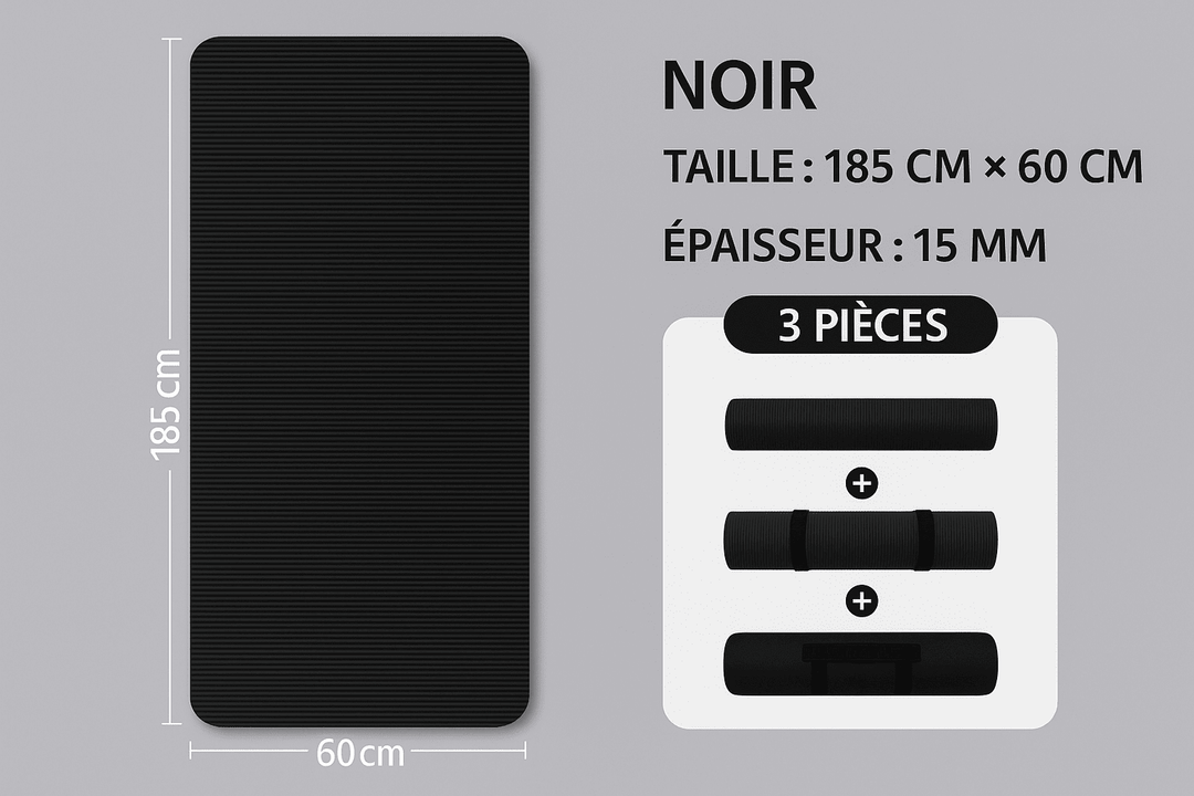 Tapis de sport noir de 185 × 60 cm et 15 mm d’épaisseur, présenté déplié, roulé avec sangle et plié pour un transport facilité.