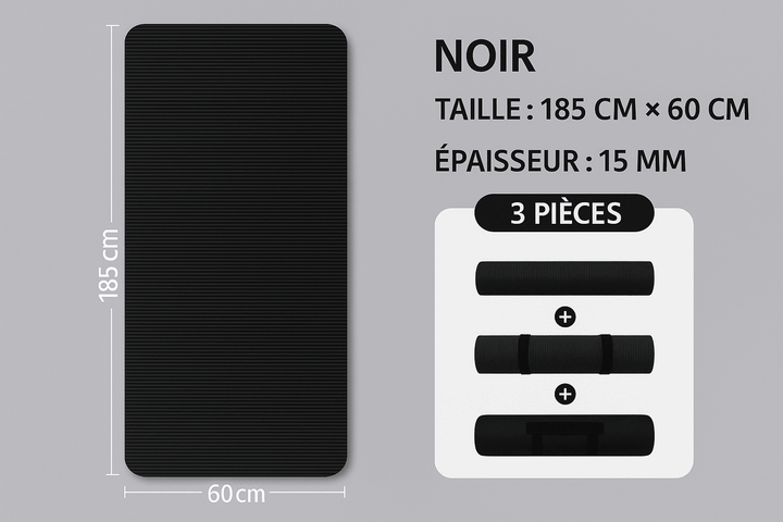 Tapis de sport noir de 185 × 60 cm et 15 mm d’épaisseur, présenté déplié, roulé avec sangle et plié pour un transport facilité.