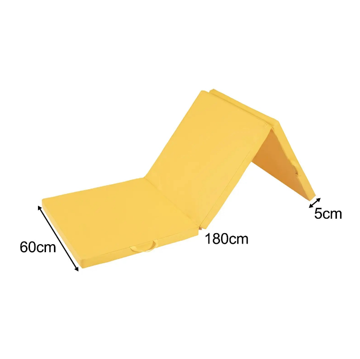 Tapis de sport pliable jaune en accordéon, dimensions 180 × 60 × 5 cm, poignée intégrée pour transport facile.