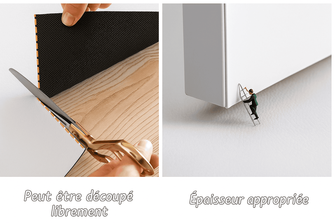Détail d’un tapis en vinyle avec une personne coupant le tapis aux ciseaux et gros plan sur l’épaisseur du tapis