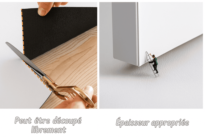 Détail d’un tapis en vinyle avec une personne coupant le tapis aux ciseaux et gros plan sur l’épaisseur du tapis