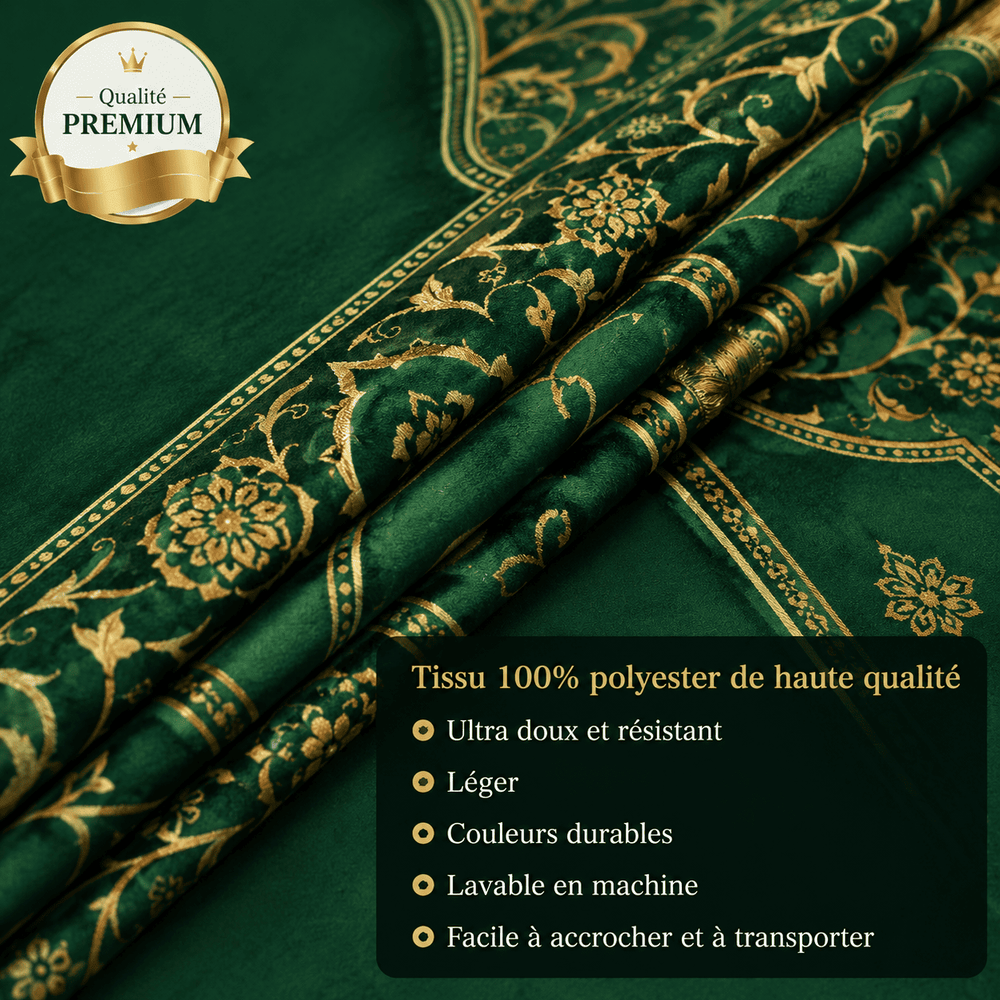 détail du tissu d’un tapis de prière vert montrant texture douce et motifs raffinés