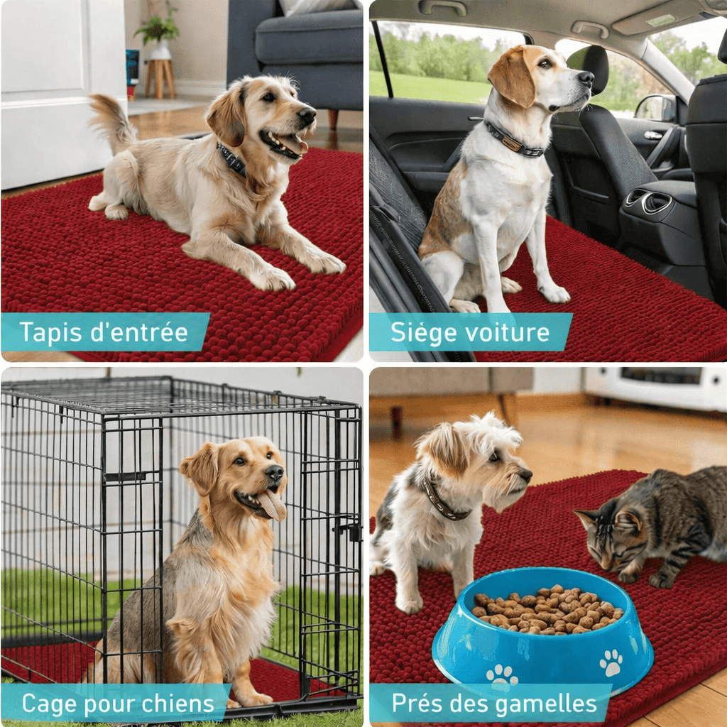 Tapis absorbant pour chien utilisable à l’entrée, sur siège voiture, dans une cage et près des gamelles