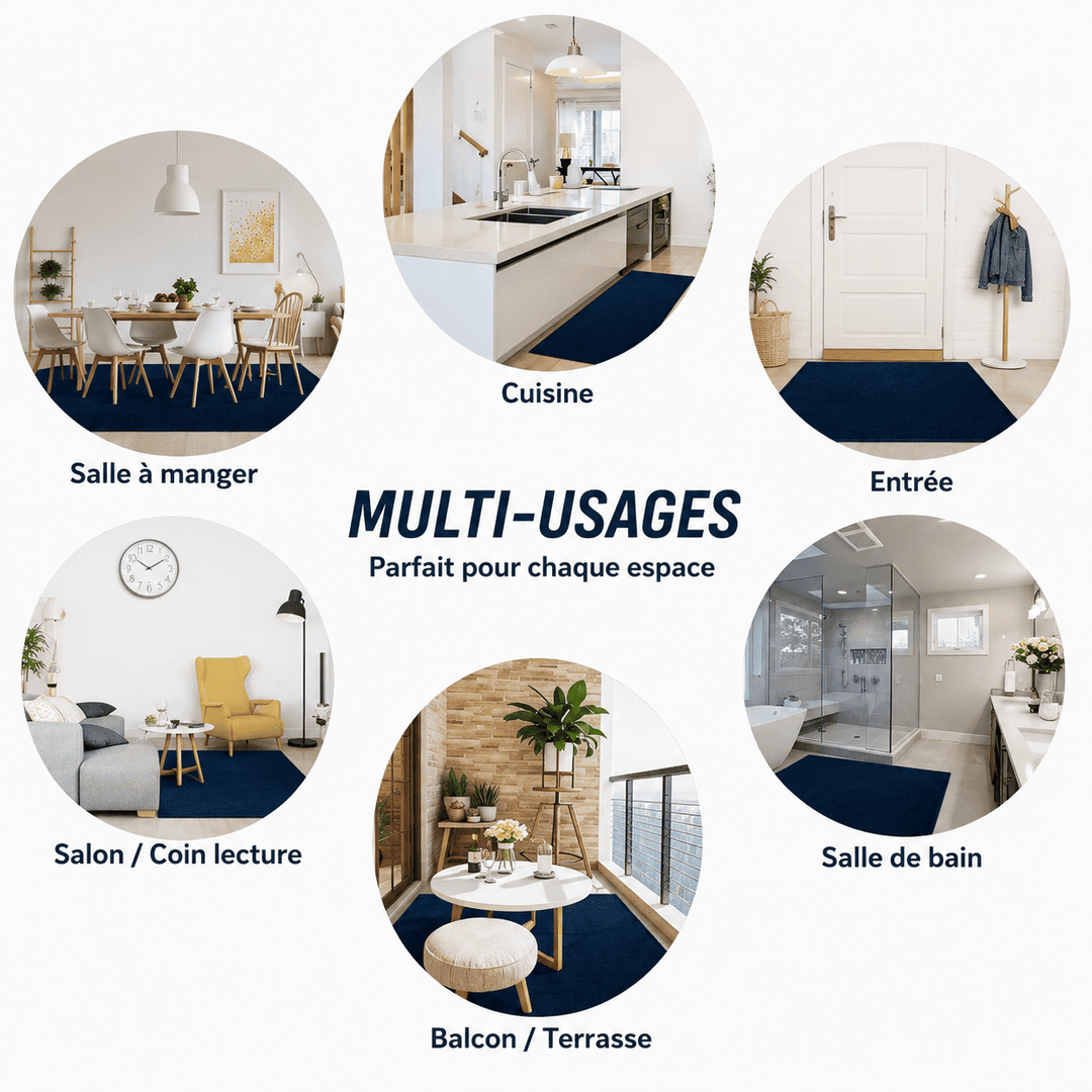 Illustration des différentes utilisations du tapis salon bleu marine dans le salon, la chambre et d'autres espaces.